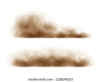 Nube de arena, tormenta de arena, polvo sucio o humo marrón. Efecto esmog grueso y pesado aislado sobre fondo blanco. Ilustración vectorial realista