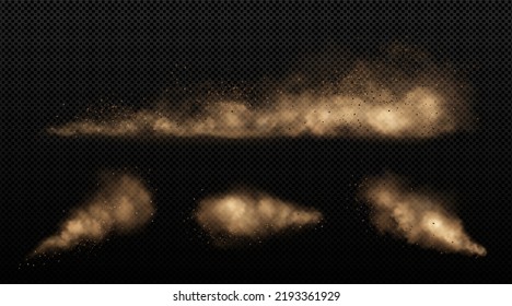 Sand Clouds, Car, Sandstorm Or Dust Dirty Brown Smoke Trails. Heavy Thick Smog With Motes And Soil Particles, Speed Effect. Isolated Thunderstorm, Air Pollution Elements, Realistic 3d Vector Set