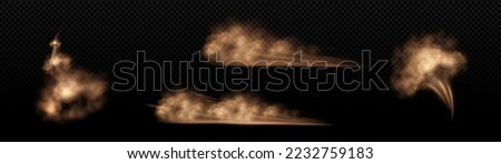 Sand clouds, car, sandstorm or dust dirty brown smoke trails. Heavy thick smog with motes and soil particles, speed effect. Isolated thunderstorm, rocket take off, explosion, Realistic 3d vector set