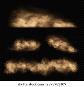 Sand clouds with dust isolated on transparent background. Desert storm, sandstorm. Brown dusty cloud or dry sand flying. Realistic vector illustration