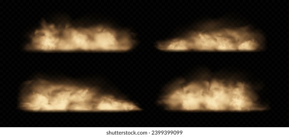 Sand clouds with dust isolated on transparent background. Desert storm, sandstorm. Brown dusty clouds or dry sand flying. Realistic vector illustration