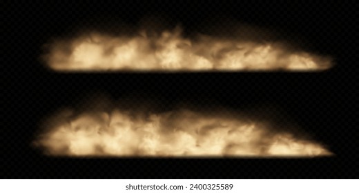Sand clouds with dust isolated on transparent background. Desert storm, sandstorm. Brown dusty clouds or dry sand flying. Realistic vector illustration