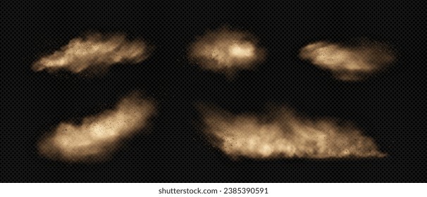 Sand clouds with dust and smoke. Realistic vector illustration set of desert storm - flying dirt plumes with mud particles under influence of strong wind. Brown dune sandstorm powder clusters.