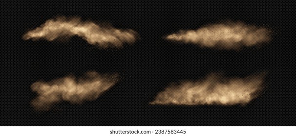 Sand clouds with dust and smoke. Realistic vector illustration set of desert storm - flying dirt plumes with mud particles under influence of strong wind. Brown dune sandstorm powder clusters.