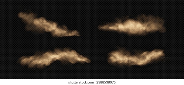 Nubes de arena con polvo y humo. Ilustración vectorial realista de una tormenta desértica - columnas de tierra voladora con partículas de barro bajo la influencia de un viento fuerte. Agrupaciones de polvo de tormenta de arena de dunas marrones.