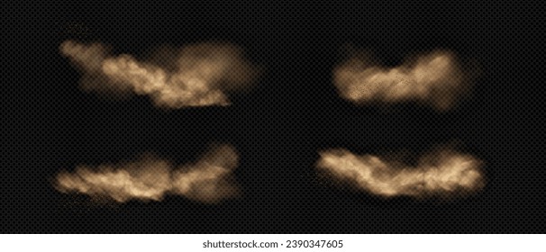 Nubes de arena con polvo y humo. Ilustración vectorial realista de una tormenta desértica - columnas de tierra voladora con partículas de barro bajo la influencia de un viento fuerte. Agrupaciones de polvo de tormenta de arena de dunas marrones.