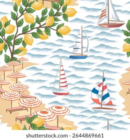 Sand coast, beach, lounge chair, umbrella, sailboat, lemon tree, sea wave, island seamless pattern. Summer resort wallpaper.