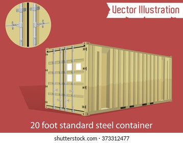 Sand color 20 foot standard steel container. Marine vector containers. Isolated sea containers on a light background. Layered vector illustration.