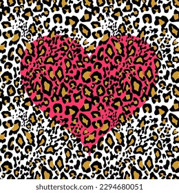 Sand color jaguar, leopard, cheetah, panther skin seamless pattern on white background with hot pink heart shape. Animal fashion print