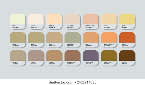 Sand Color Palette, Cream Color Guide Palette with Color Names. Paint RGB HEX codes and Names. Metal Colors Palette Vector, iron, and vehicle body colors, Fashion Trend sand Colors Palette design