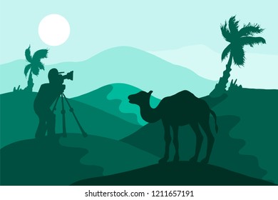 Sand Desert With Camel and Photographer, palm trees and sun. Vector