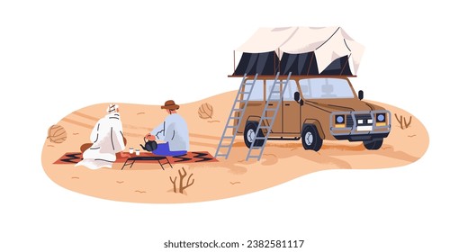 Sand desert camping, adventure. Tourist camper and bedouin sitting, drinking tea. Traveler at holiday travel, journey, trip by SUV car with tent. Flat vector illustration isolated on white background