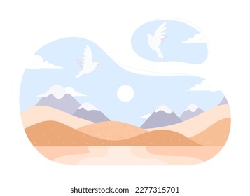 Sand desert landscape with flying doves vector illustration. Cartoon minimalist wild yellow dunes, terrain with hills and mountain peaks on horizon, white pigeons fly in blue sky over dry land