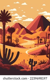 Sandwüstenlandschaft bei Sonnenuntergang mit Kakteen und Bergen - flache Vektorgrafik