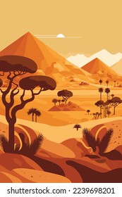 sand desert landscape in sunset with cactus and mountains flat color vector  style illustration