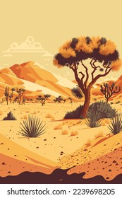 sand desert landscape in sunset with cactus and mountains flat color vector  style illustration