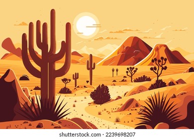 sand desert landscape in sunset with cactus and mountains flat color vector  style illustration