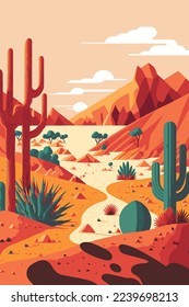 sand desert landscape in sunset with cactus and mountains flat color vector  style illustration