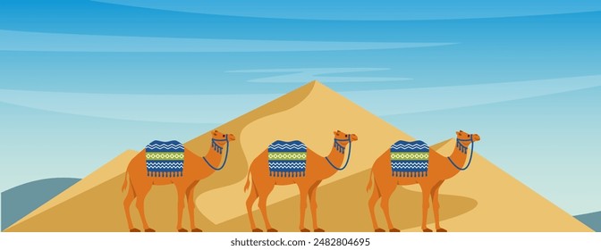 Plantilla paisajística del desierto de arena con caravana de camellos atravesando dunas durante el día. Ilustración vectorial