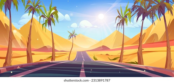 Sand desert road perspective view palm tree landscape scene background. Cartoon australian summer valley, path tropical design vector illustration. Empty straight pathway and dunes terrain, mountain