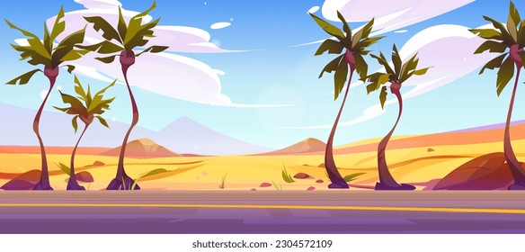 Sand desert road view palm tree landscape scene landscape background. Cartoon australian summer valley with path tropical design vector illustration. Empty straight pathway and dunes terrain picture