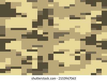 Sand Digi Camo Vector, Seamless Pattern. Multi-scale Modern 8bit Pixel Camouflage In Light Yellow, Sepia And Brown Tones. Desert Digicamo Design.