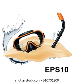 Sand, dive mask, snorkel, water splash. Vector illustration