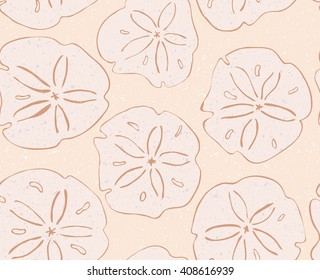 Sand dollar on yellow.Hand drawn with ink seamless background.Modern hipster style design.