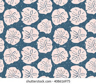 Sand dollar pink with texture.Hand drawn with ink seamless background.Modern hipster style design.