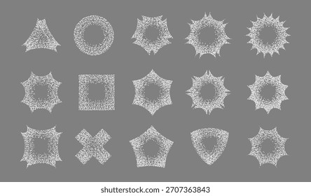 Conjunto de Elementos de ruido punteado de grano de punto de arena. Vector salpicado de polvo sucio. Figuras geométricas de la mancha del gradiente de la textura del punto de la espolvorea del grunge. Splash of White Dots y2k Diseño Spots Paquete