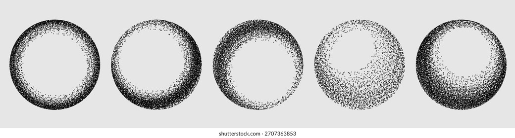 Conjunto de esferas de gradiente monocromáticas punteadas de arena aisladas sobre fondo blanco. Ilustración realista de Vector de bolas de punteado con textura de semitono granulado, figura radial de spray de pintura negra, Elementos gruñones