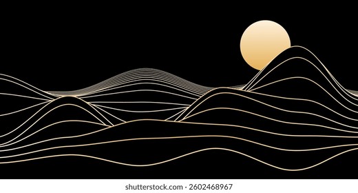 Sand dune background. Mountains landscape. Minimalist golden line art backdrop. Rolling hills with glowing sun isolated on black. Trendy abstract futuristic vector illustration.