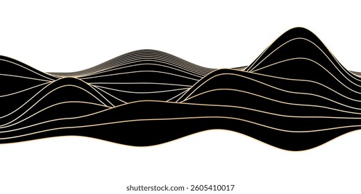 Sand dune background. Mountains landscape. Minimalist golden line art backdrop. Geometric glowing waves isolated on black. Trendy abstract futuristic vector illustration.