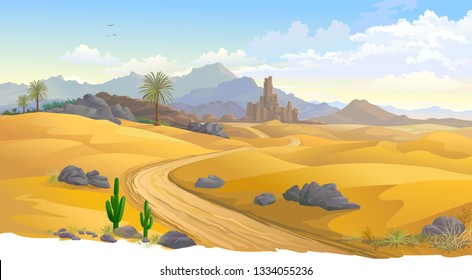 Sand dunes across hot Australian desert, summer time, mountains, cactus and cliffs.