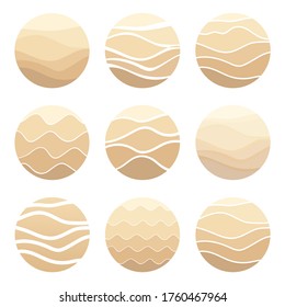 Sand, dunes, beach, desert abstract logo pattern of wavy lines in beige color. Logo template, icon, badge, pictogram for tourism, travel, hot places. Vector collection. 