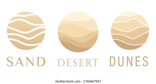Sand, dunes, beach, desert abstract template logo pattern of wavy lines in beige color. Logo template, icon, badge, pictogram, symbol, sign for tourism, travel, hot places. Vector collection.