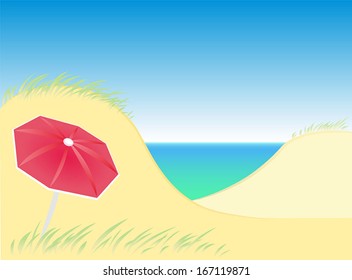 Sand dunes by the sea with a lone red parasol. Isolated vector.