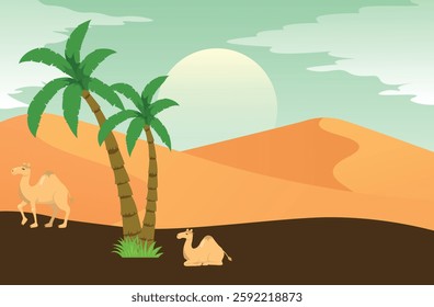 Sand dunes, camel and plam arabia vector illustration