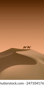 Sand dunes and camels. Vector illustration. Sketch for creativity.