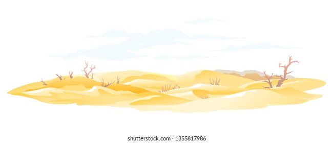 Sand dunes with dead trees and shrubs, arid deserted place without water and without plants, ecological drought concept illustration