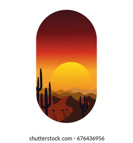 Sand dunes, desert landscape, sunset, cacti and silhouette of camels. vector