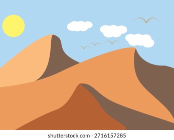 Dunas de arena en el desierto al mediodía con nubes y pájaros volando.
