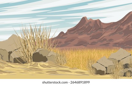 Sand dunes at the foot of a high mountain range. Desert near the mountains. Realistic vector landscape