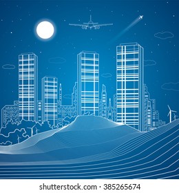 Sand dunes, mountains, desert, night city on background, infrastructure illustration, airplane fly, white lines, vector design art