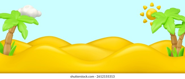 Sand dunes with palm trees background vector 3d banner template. Cartoon yellow desert illustration, cute beach landscape. Summer banner backdrop with cloud and sun