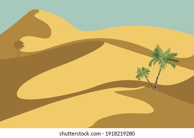 Dunas de arena y palmeras en el desierto, diseño vintage minimalista de afiches.