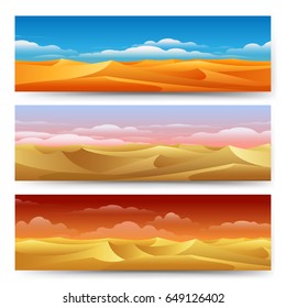 Sand dunes panorama landscape set. Desert banners freedom tranquility yellow nature vector illustration