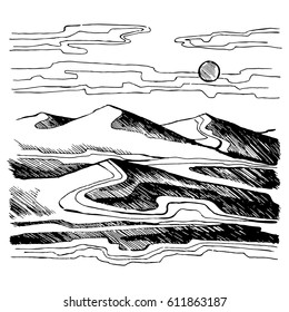 Sand dunes vector sketch. Sahara desert against the sky. Stock Illustration.