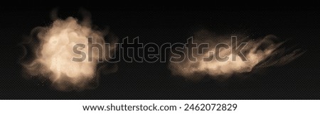 Sand dust cloud. Dirt desert smoke wind effect. Sandstorm powder splash. Isolated brown flying particle texture. 3d realistic smog explosion. Abstract grain spray splatter with glitter overlay.