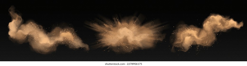 Sand explosion with dirt and cloud smoke vector. Isolated storm effect in desert on transparent background. Brown sandstorm splash with wind texture. Dirty ground abstract spread with flying particles